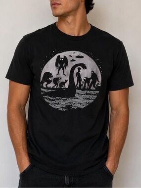 Cryptid Squad Graphic T-Shirt - Black Bigfoot Mothman UFO Tee (Size Small)